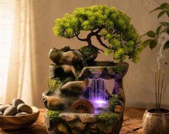 Bonsai Feng Shui Tabletop Fountain with LED Lights | Zen Indoor Waterfall Decor | Cozy Home Aromatherapy Gift | Meditation Office Ornament