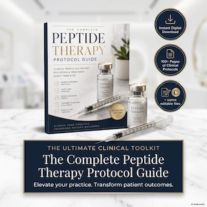 May include: A digital product titled The Complete Peptide Therapy Protocol Guide, featuring a book cover with text, two glass vials labeled Peptide Therapy, and two syringes. Three circular badges highlight instant download, 100+ pages, and Canva files.