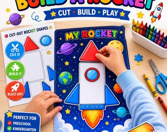 Bauen Sie ein Raketenschiff - Aktivität zum Ausschneiden und Einfügen von Weltraum | Vorschule Kindergarten Printable | Formen Fine MotorSTEM Montessori PDF