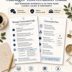 May include: A digital download titled "Manager Conversation Guide" with a focus on introducing AI to teams. The image includes a guide, conversation flow, and icons. A cup of coffee, a pen, and a paper clip are also visible.