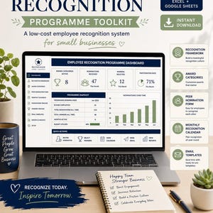 May include: A laptop displays an employee recognition program dashboard with charts and data. The image includes a notepad with handwritten notes, a mug with text, and a succulent plant. The text on the screen reads "Employee Recognition Programme Toolkit."