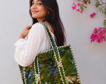 Handgemaakte olijffluwelen draagtas, safari-dierenprint, gewatteerde shopper, ruim accessoire voor weekendreizen