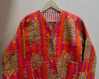 Handmade Quilted Cotton Jacket | Orange Pink Tiger Block Print Boho Outerwear