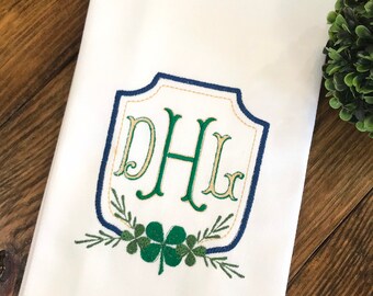 Monogrammed St. Patrick's Day Crest Cotton Tea Towel - Custom White Cotton Accent Towel - Personalized Guest Towel - St Patrick Day Shamrock