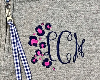 Leopard Monogram Quarter Zip Sweatshirt - Monogram 1/4 Zip Sweatshirt - Monogrammed Quarter Zip Pullover - Embroidered Quarter Zip Pullover