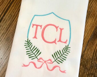 Monogrammed Fern Crest Cotton Tea Towel - Custom Cotton Accent Towel - Personalized Towel - Housewarming Gift - Wedding Gift - Chinoiserie