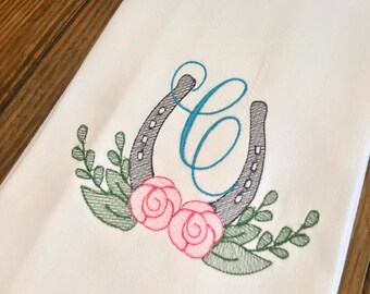 Monogrammed Horseshoe Cotton Tea Towel - Custom Cotton Accent Towel - Personalized Towel - Housewarming Gift - Wedding Gift - Derby Day