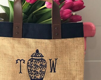 Monogram Burlap Market Tote - Monogrammed Jute & Leather Tote - Monogram Grocery Tote Bag - Monogrammed Picnic Bag  Embroidered Market Tote