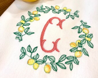 Monogrammed Lemon Wreath Cotton Tea Towel - Custom Cotton Accent Towel - Personalized Towel - Housewarming Gift - Wedding Gift - Lemons