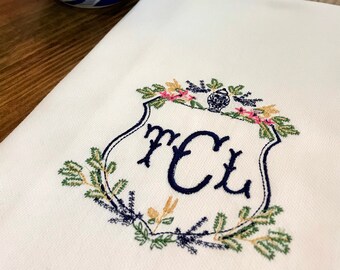 Monogrammed Ginger Jar Crest Cotton Tea Towel - Custom Cotton Accent Towel - Personalized Guest Towel - Housewarming Gift - Wedding Gift