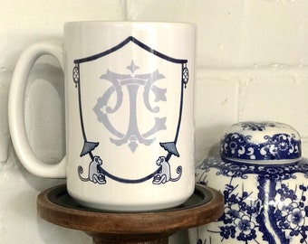 Chinoiserie Monkey Crest Mug - Personalized Coffee Cup - Monogrammed Mug - Monogram Mug - Chinoiserie designed mug - Watercolor design Mug