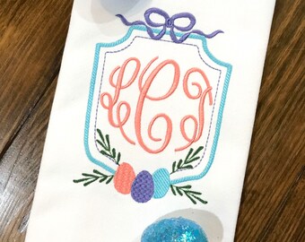 Monogrammed Easter Crest Cotton Tea Towel - Custom White Cotton Accent Towel - Personalized Guest Towel - Easter Linens - Monogram Towel