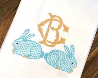 Monogrammed Easter Bunny Cotton Tea Towel - Custom White Cotton Accent Towel - Personalized Guest Towel - Easter Linens - Monogram Easter
