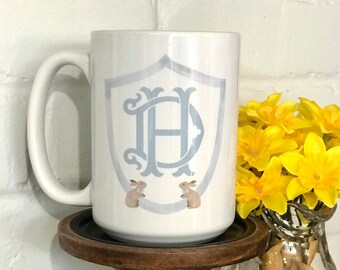 Blue Easter Bunny Crest Mug - Spring Coffee Cup - Monogrammed Easter Topiary Mug - Monogram Easter Rabbit Mug - Chinoiserie designed mug