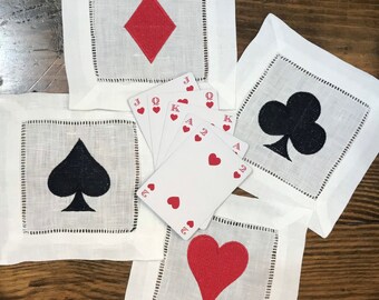 Playing Card Suits Linen Cocktail Napkins Set of Four - Custom White Linen Cocktail Napkin Set - Poker Linen Napkins - Bridge Club Coasters