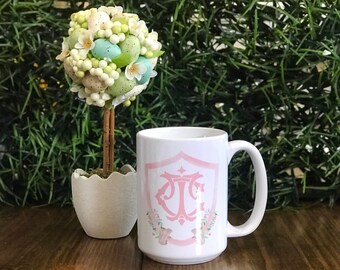 Pink Easter Bunny Crest Mug - Spring Coffee Cup - Monogrammed Easter Topiary Mug - Monogram Easter Rabbit Mug - Chinoiserie designed mug