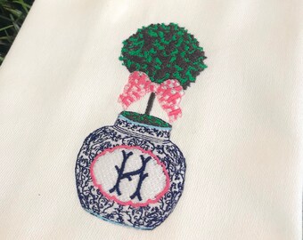 Monogrammed Topiary Cotton Tea Towel - Custom White Cotton Accent Towel - Personalized Guest Towel - Housewarming Gift - Wedding Gift