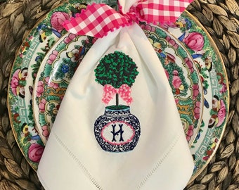 Monogrammed Topiary Linen Hemstitch Dinner Napkins- Personalized Chinosiere Linens - Monogrammed Table Linens - Linen Embroidered Napkin