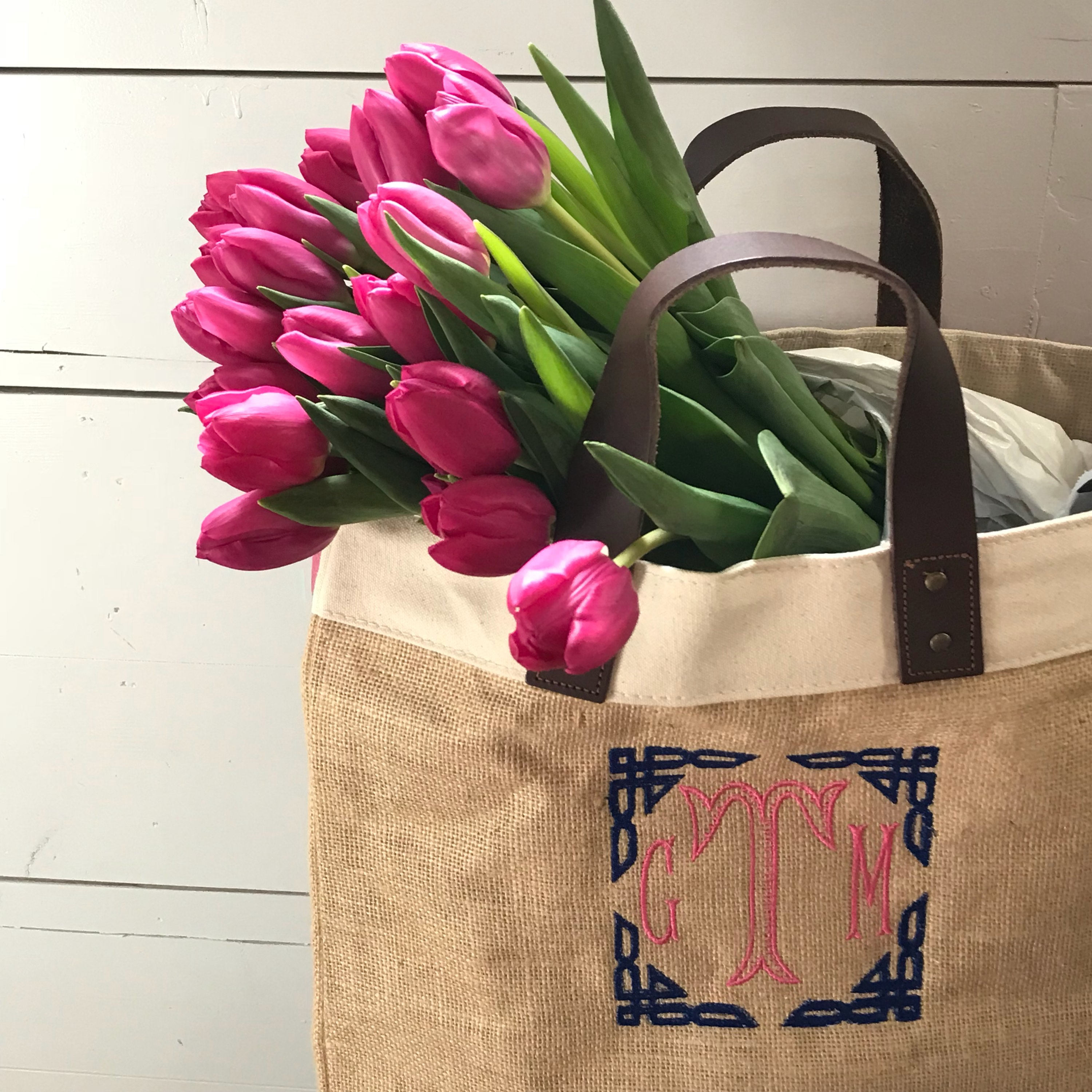 Monogram Burlap Market Tote Monogrammed Jute & Leather Tote Etsy