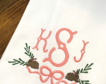 Monogrammed Bunny Cotton Tea Towel - Custom White Cotton Accent Towel - Personalized Guest Towel - Easter Linens - Monogram Easter Towel