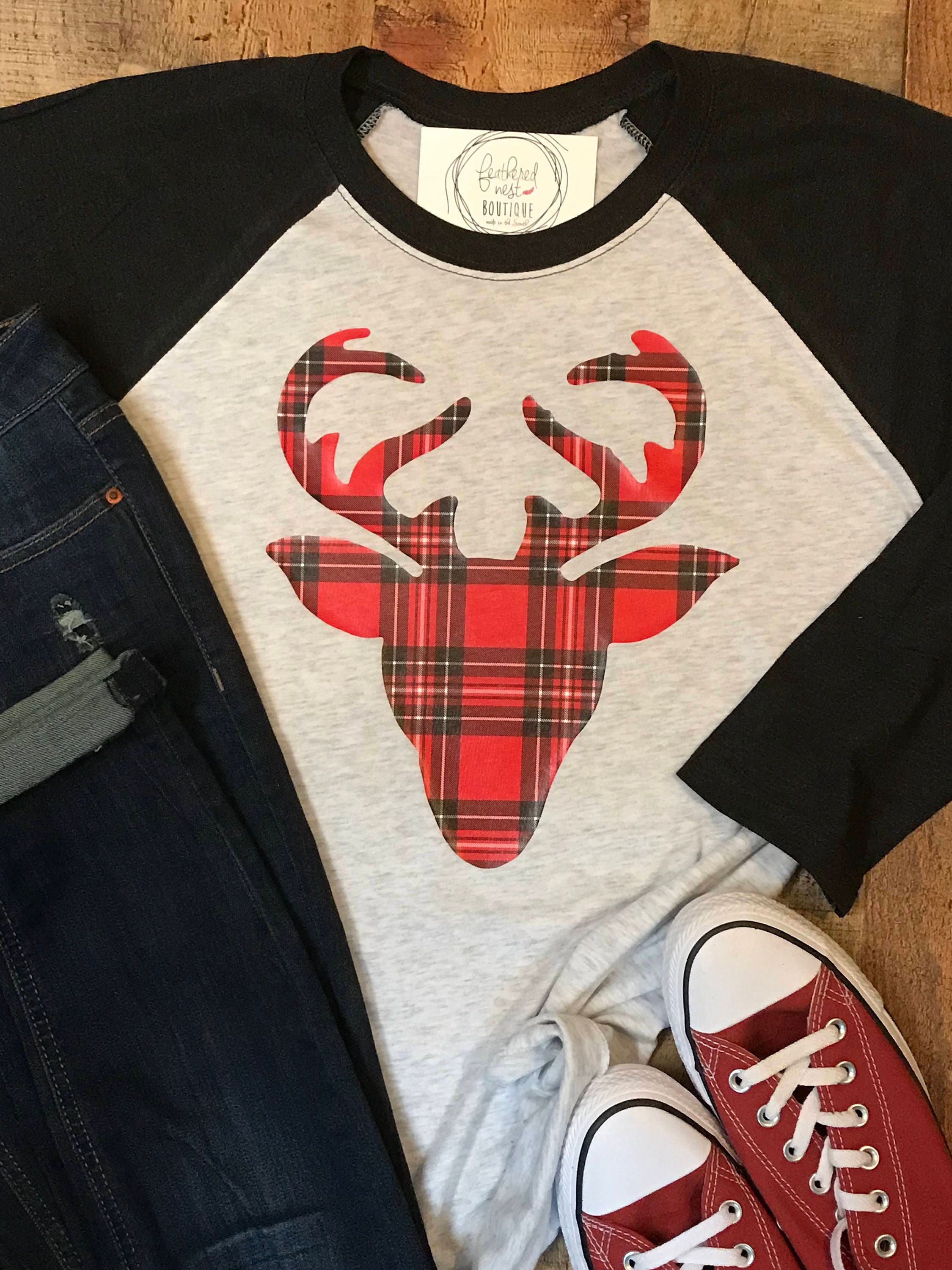 Reindeer Silhouette Unisex 3//4 Sleeves Baseball Raglan T-Shirt Tee White Black