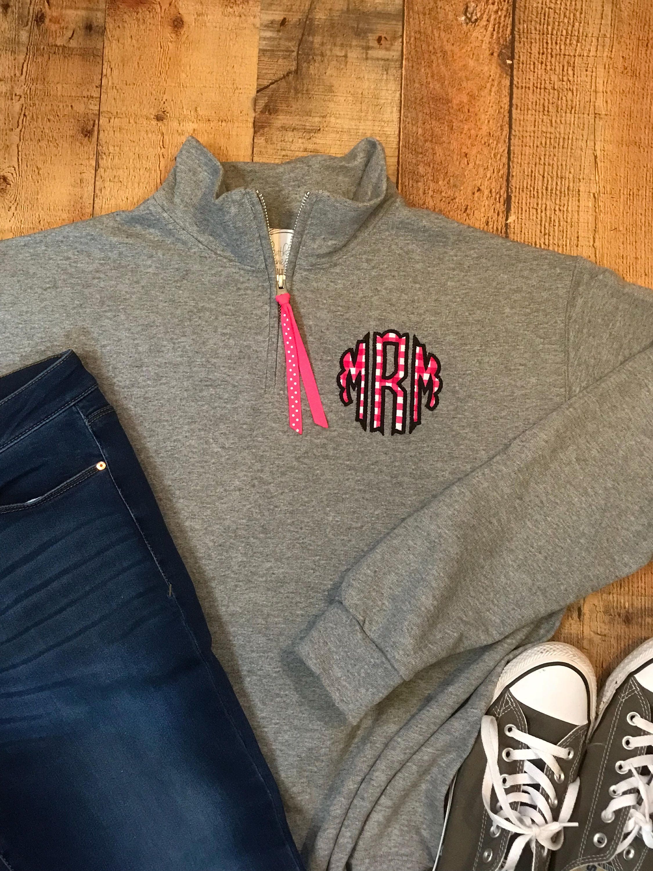 monogrammed half zip pullover sweatshirt
