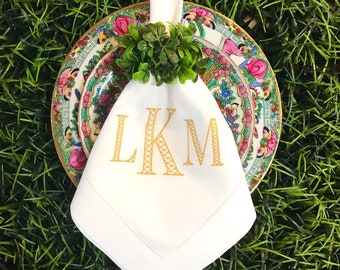 Monogrammed Linen Hemstitch Dinner Napkins- Personalized Herend Pattern Linens - Monogrammed Table Linens - Linen Embroidered Napkin