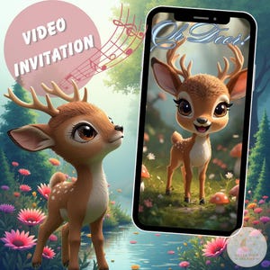 Op de afbeelding: Een digitale video-uitnodiging met een cartoon hert met grote ogen en geweien. De uitnodiging bevat de tekst "Video Invitation" en "Oh Deer!" op een smartphonescherm, tegen een bloemen- en bosachtergrond.