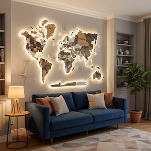 May include: A large, multi-layered wooden world map wall art piece featuring integrated LED backlighting that illuminates the continents. The map includes labeled countries and oceans, accompanied by small decorative wooden airplane and ship icons.