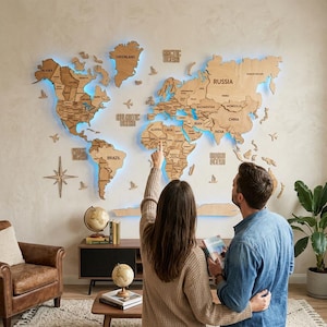 May include: A large, multi-layered wooden world map wall art piece featuring engraved country names, state borders, and ocean labels. The map is backlit with a soft blue LED glow and includes decorative wooden airplane and ship icons.