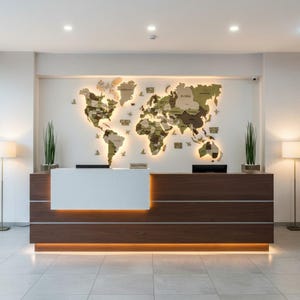 May include: A reception desk with a dark wood base and a white front panel, featuring integrated warm lighting. Mounted on the wall above is a large, multi-layered wooden world map with backlit edges, displaying continents and small airplane icons.