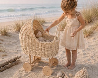 Natural wicker baby carriage with wheels, Wicker baby stroller, Baby doll stroller, Wicker doll pram, Wicker toy basket, Wicker toddler gift