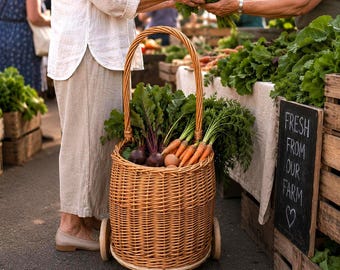 Wicker Shopping Cart with Handle and Wheels – French Market Basket Trolley for Grocery, Rattan Shopping Trolley, Picnic or Home Storage