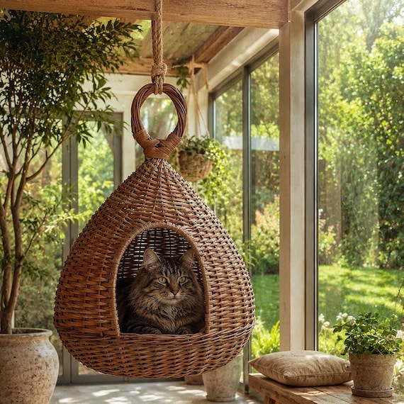 Wicker Cat Hammock, Hanging Cat Bed, Wicker Cat Bed, Cat Swing Bed, Pet Hanging Bed, Cat Basket Bed, Cat Hanging Basket, Outdoor Cat Bed