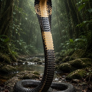 May include: A cobra snake in a forest environment. The snake is erect, showing its hood, with a black and tan pattern. The background includes a stream and dense green foliage, creating a natural wildlife scene.