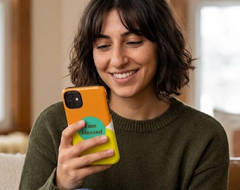 Telefoonhoesje met de tekst "Ik ben gezegend" | kleurrijk cirkelvormig affirmatiehoesje