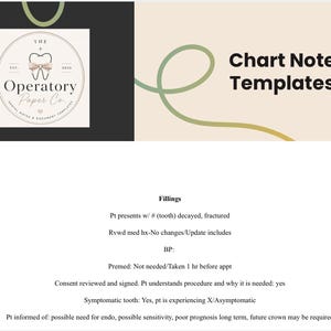 Puede incluir: Una plantilla de documento digital titulada Chart Note Templates con el logotipo de The Operatory Paper Co. y un icono de diente. El texto incluye campos clínicos para empastes, historial médico, presión arterial, consentimiento y pronóstico.