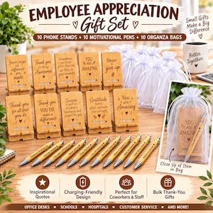 May include: An employee appreciation gift set containing ten bamboo phone stands with engraved motivational quotes, ten matching bamboo pens, and ten white organza drawstring bags. The set includes a display of items and a close-up view.