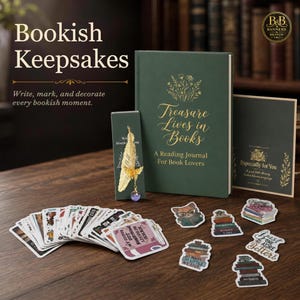 May include: A dark green reading journal titled Treasure Lives in Books, a gold feather bookmark with a butterfly and purple bead, and a collection of colourful book-themed stickers. The journal cover features gold floral and text details.