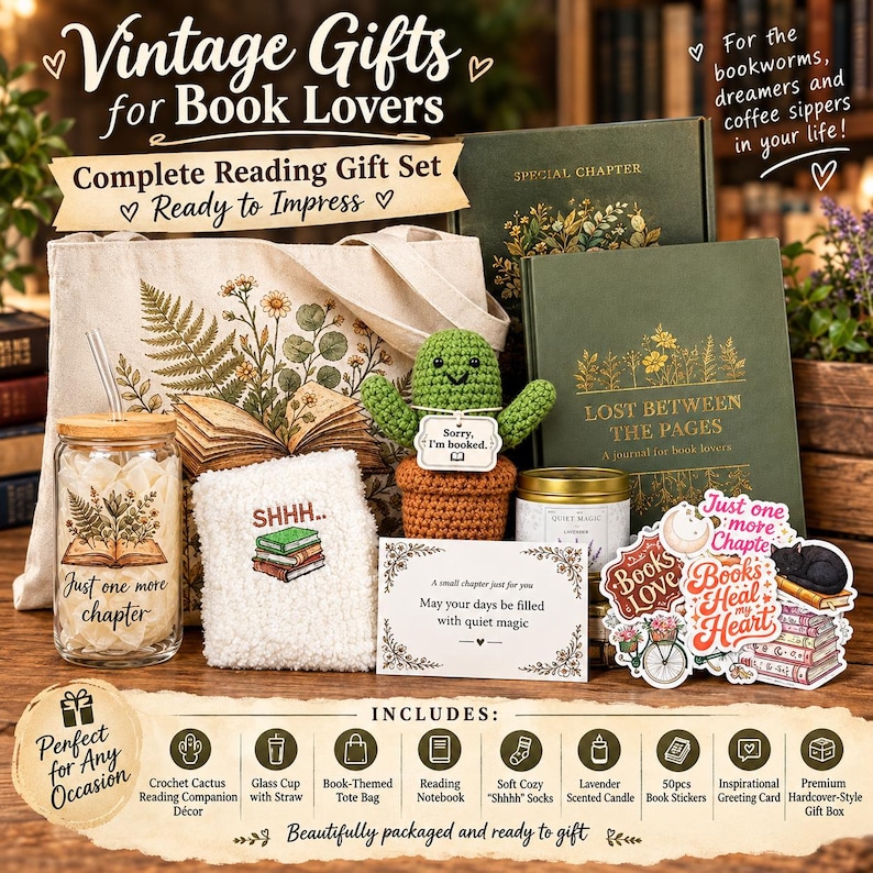 May include: A reading gift set featuring a canvas tote bag with floral print, a glass cup with straw, a green journal titled Lost Between The Pages, a crochet cactus, white fuzzy socks with a book stack graphic, a candle, stickers, and a card.
