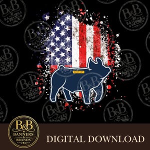 May include: A graphic design featuring a dark blue silhouette of a pig centred over a distressed American flag pattern with red, white, and blue paint splatter effects on a black background. The pig has a small yellow tag reading DO NOT COPY.
