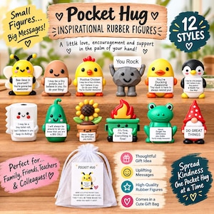 May include: A collection of 12 small rubber figures, each holding a white sign with inspirational text. Characters include a bee, potato, chicken, rock, duck, penguin, toilet roll, pickle, sunflower, dumpster fire, frog, and gnome, with a white gift bag.