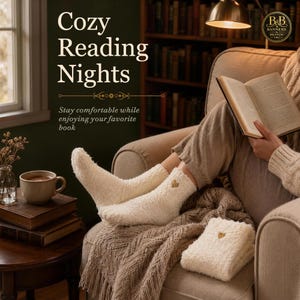 May include: A pair of cream-coloured fuzzy socks with a small gold heart embroidery on the ankle. The text Cozy Reading Nights and Stay comfortable while enjoying your favourite book is visible. A matching folded pair of socks sits on the lap.