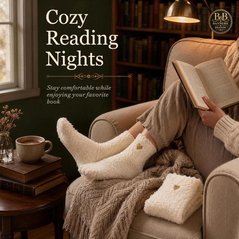 May include: A pair of cream-coloured fuzzy socks with a small gold heart embroidery on the ankle. The text Cozy Reading Nights and Stay comfortable while enjoying your favourite book is visible. A matching folded pair of socks sits on the lap.