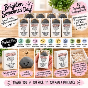 May include: A set of ten small grey rocks with smiling faces, each packaged in a white cardboard gift box. The boxes feature a cartoon illustration of a rock holding a sign that reads You Rock and text stating Sometimes you forget you're awesome so this is your reminder. The set includes shredded paper filler for display.
