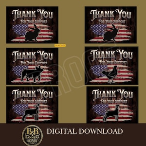 May include: Six rectangular digital signs featuring the text THANK YOU FOR YOUR SUPPORT in silver lettering over a rustic wood background with a faded American flag and black silhouettes of a rabbit, pig, chicken, lamb, and goat.