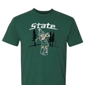 Michigan State Spartans Shirt Golfing Sparty with STATE Logo Short Sleeve 100% Cotton Green MSU T-Shirt Golf Club Super Soft Top Tee