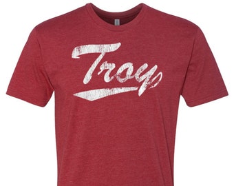 Troy University Trojans Script Cursive Wordmark Logo Unisex T-shirt (Heather Cardinal Red)