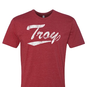 Troy University Trojans Script Cursive Wordmark Logo Unisex T-shirt (Heather Cardinal Red)