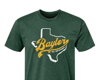 Baylor University Sic 'Em Bears T-Shirt, Texas State Outline Logo, Forest Green Soft Cotton Tee